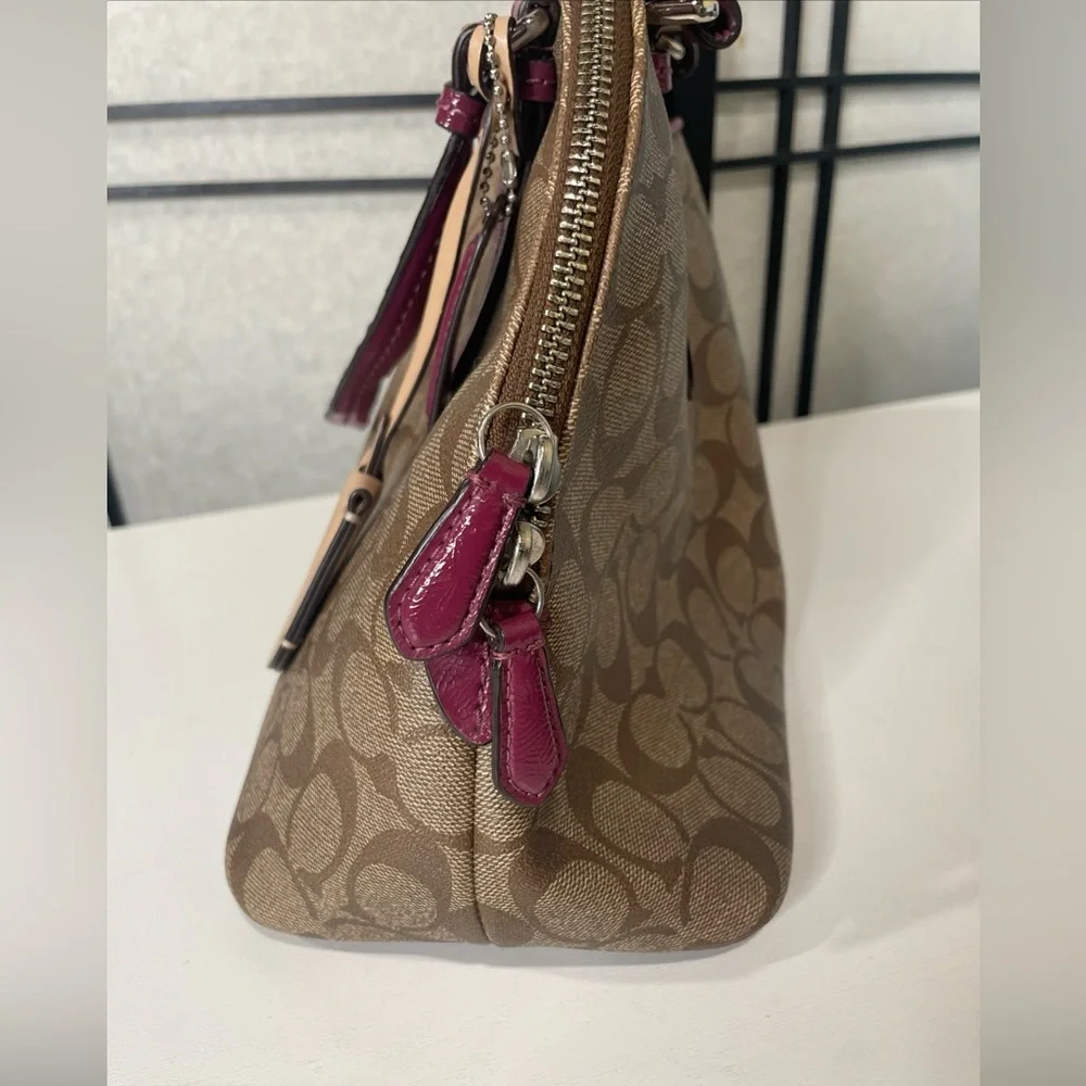 Coach Peyton Signature Cora Domed Satchel Bag Brown Coated Canvas Purple Leather - Picture 6 of 13